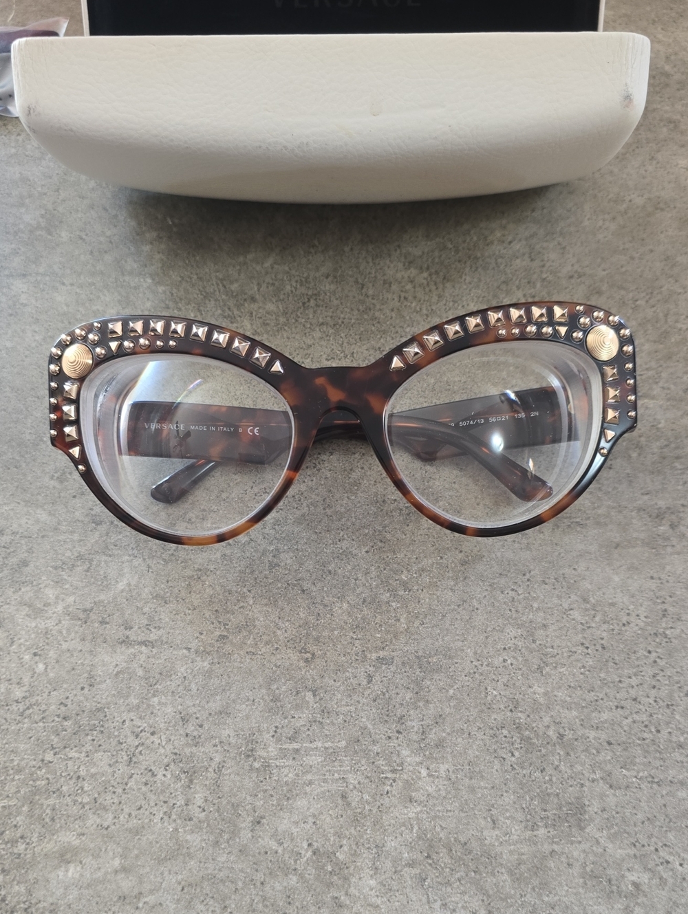 Versace Tortoiseshell Cat-Eye Glasses with Gold Studs